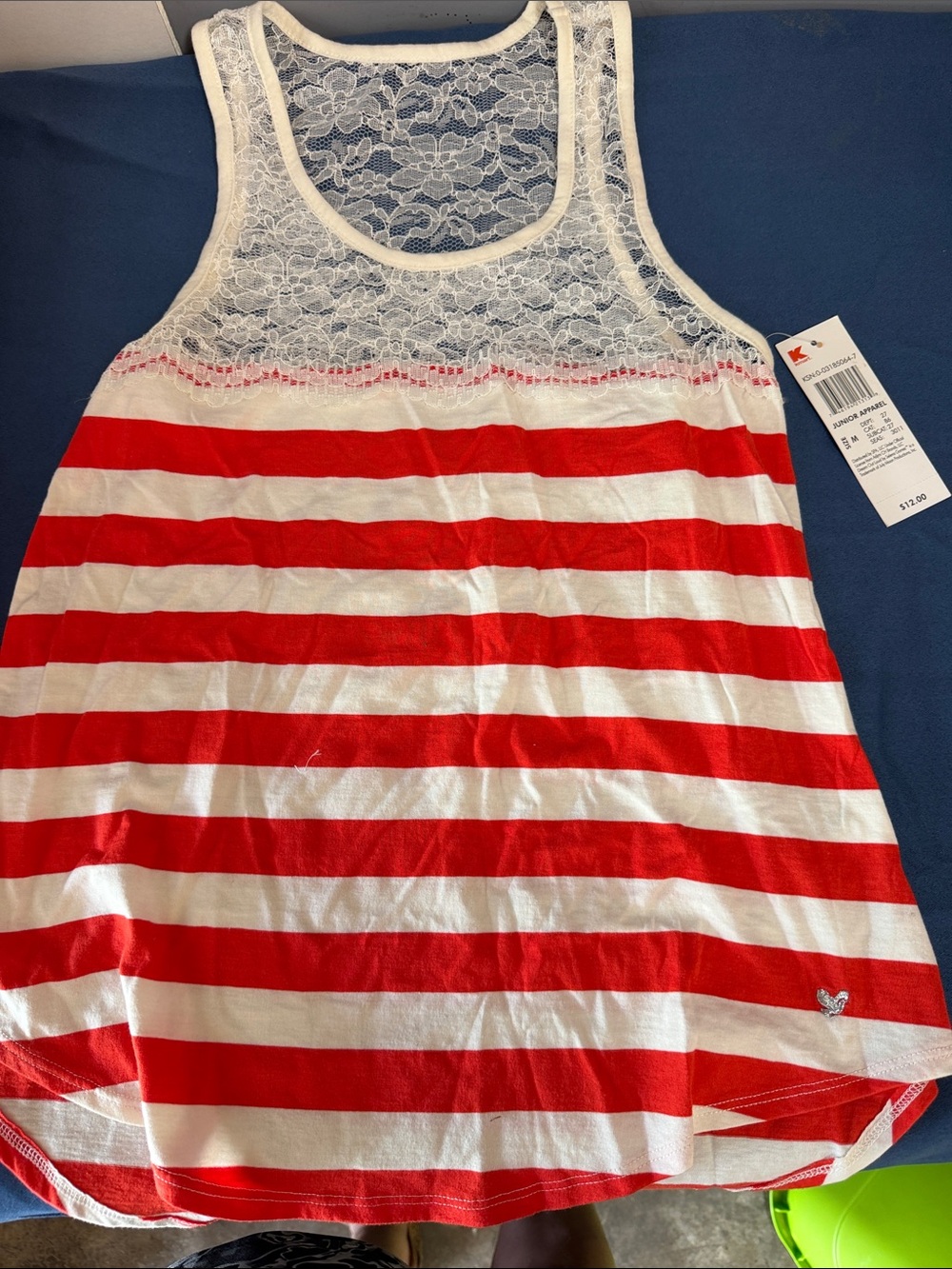 Women’s Red and White Striped Lace-Yoke Tank Top
